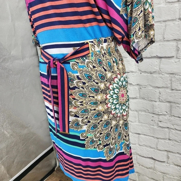LAUNDRY BY SHELLI SEGAL Striped Peacock Belted Dress Sz XS - Picture 2 of 14
